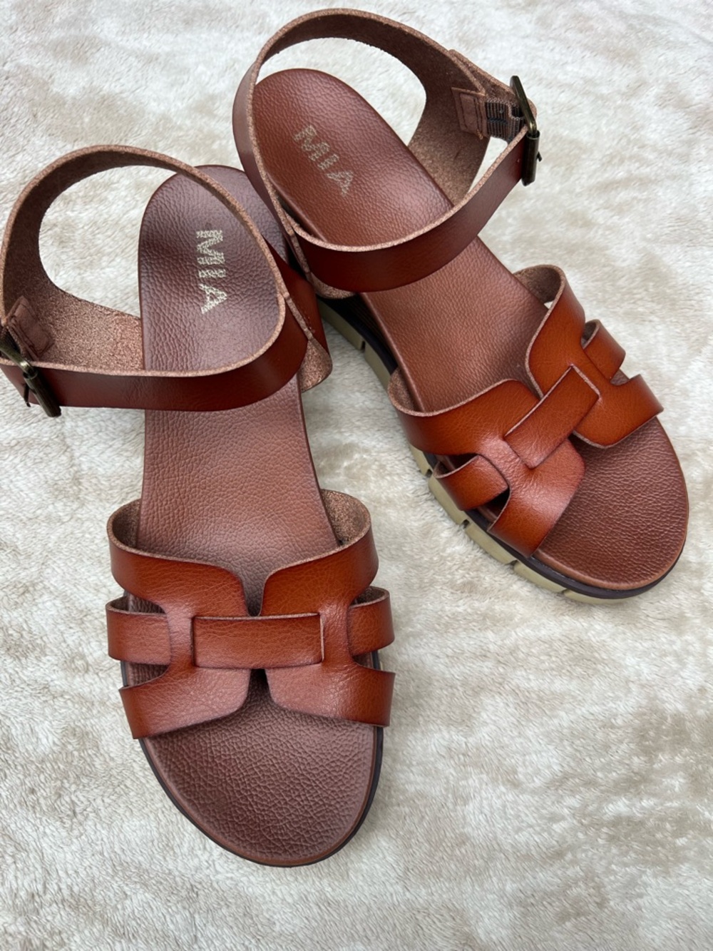 MIA Cognac Brown Leather Weave-Strap Sandals
